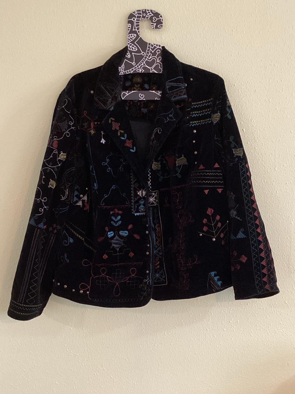 Chico's Black Velvet Embroidered Blazer with Multicolor Accents